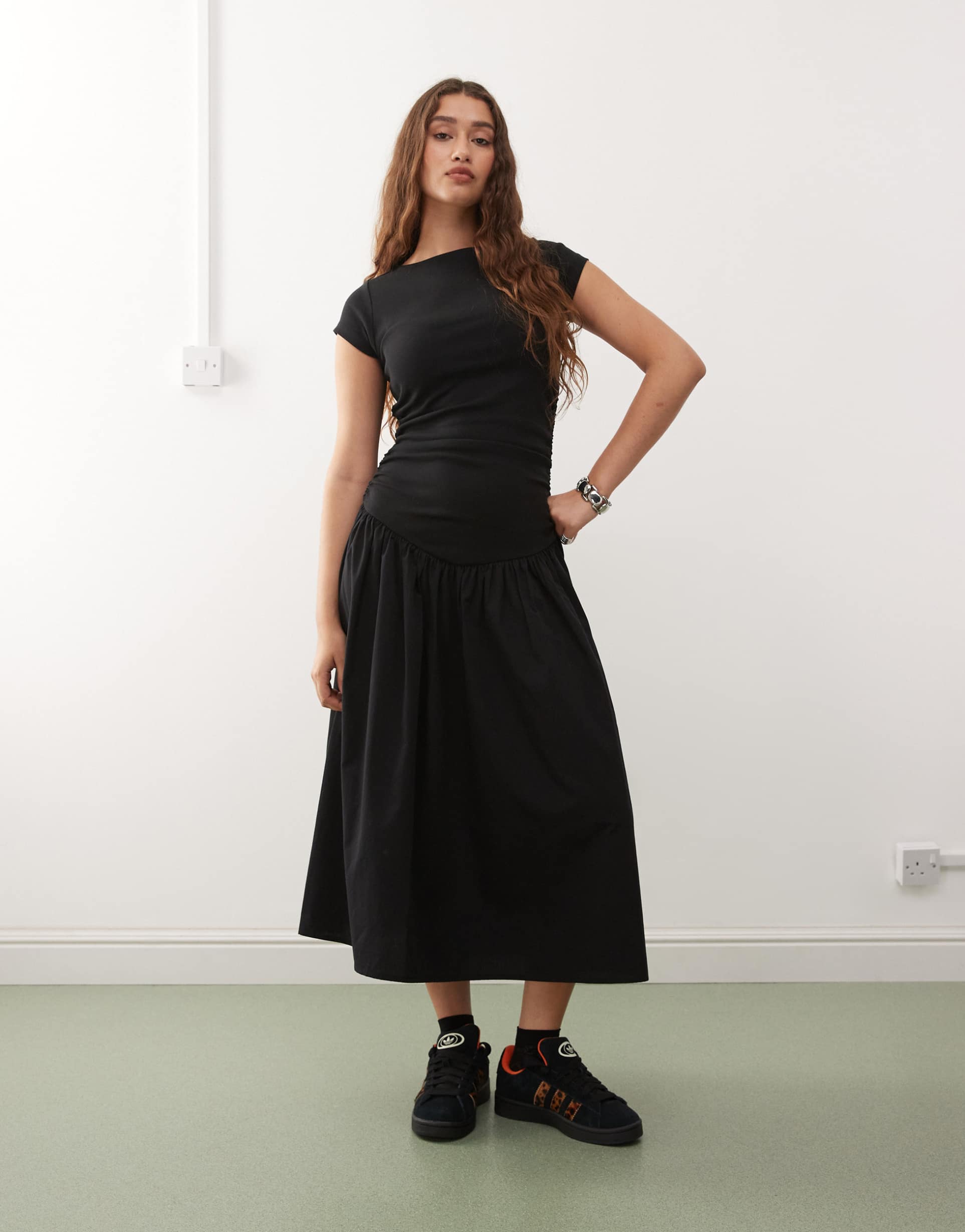 reclaimed vintage hybrid midi dress with ruching detail in black