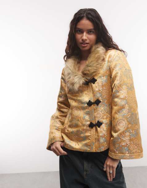 Reclaimed Vintage iconic trophy jacket with faux fur trim in gold - view 1