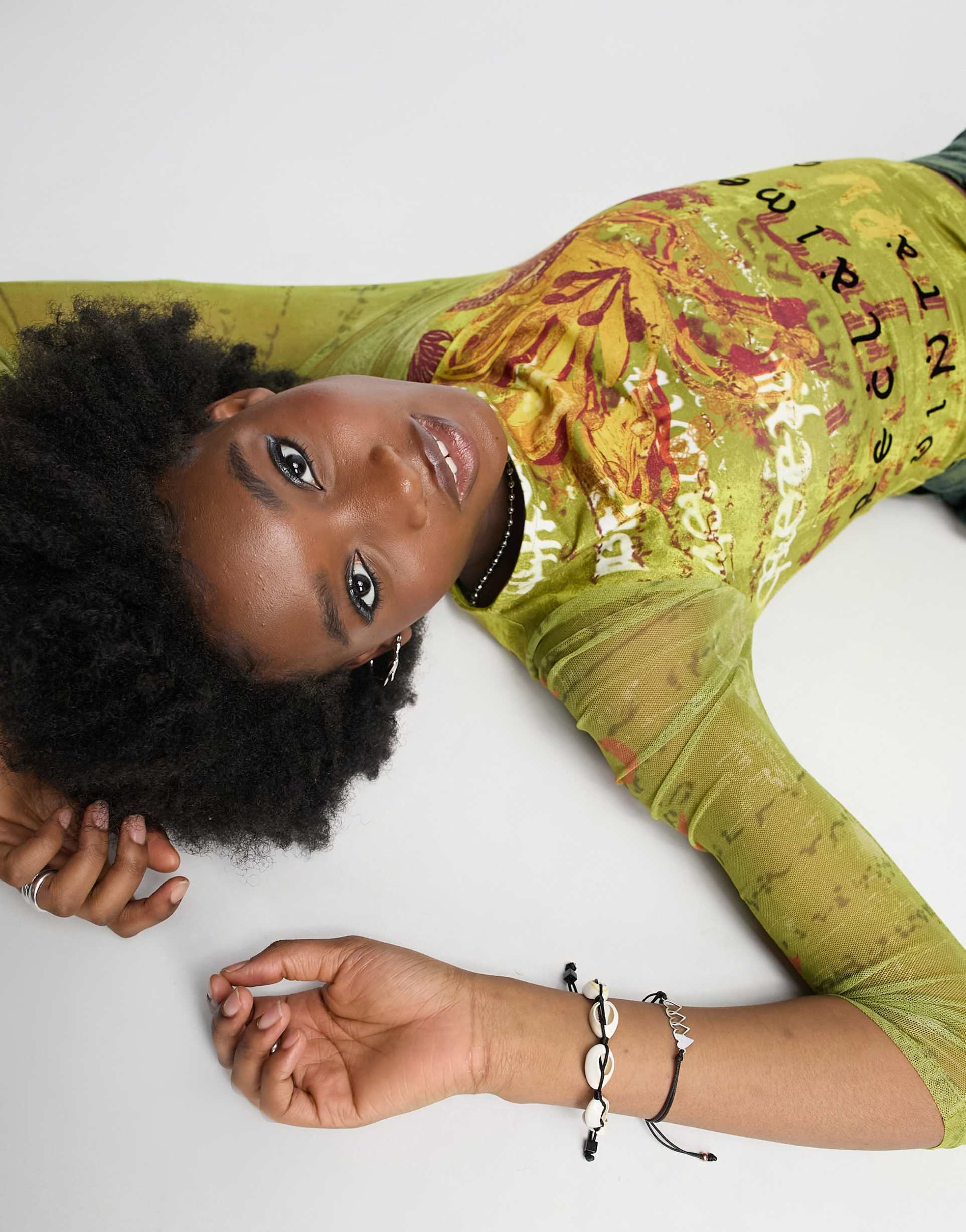 Reclaimed Vintage inclusive Y2K slash neck quarter sleeve top in green print view 3