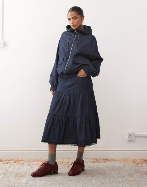 Reclaimed Vintage indigo denim tiered midi skirt co-ord with lace trim in indigo - view 1