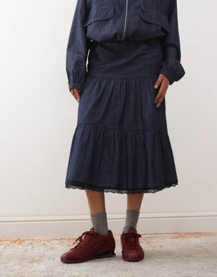 Reclaimed Vintage Indigo Denim Tiered Midi Skirt With Lace Trim In Blue