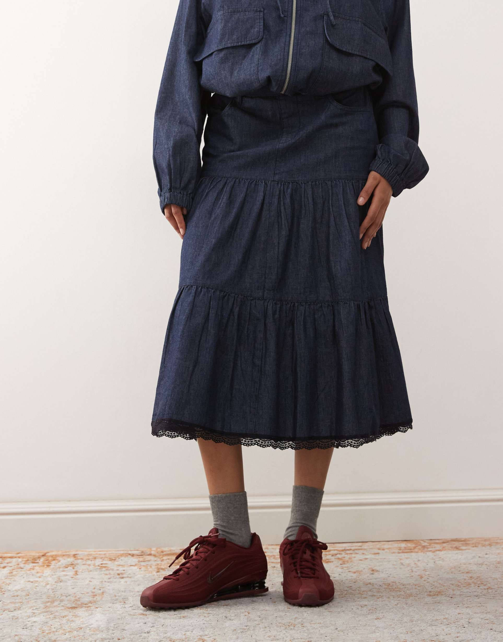 reclaimed vintage indigo denim tiered midi skirt with lace trim in indigo - part of a set
