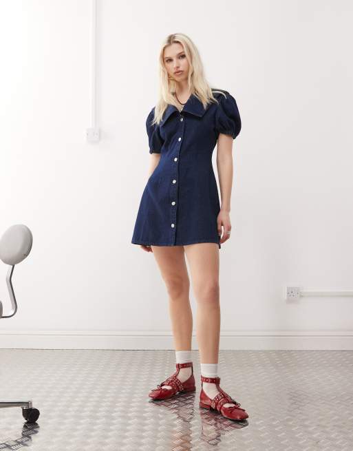 Reclaimed Vintage - Indigoblå minikjole med sømandskrave i denim