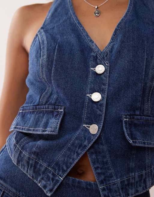 Reclaimed Vintage - Indigoblå western-denimtop med halterneck - Del af sæt, 3 af 4