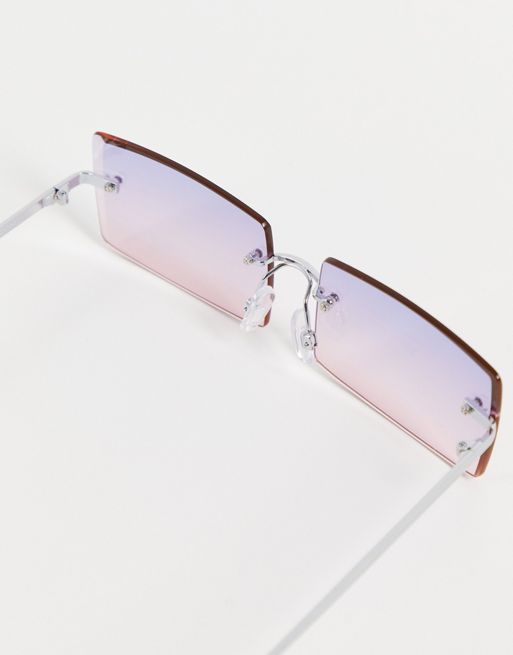 Jadesoul - Rectangle Retro Rimless Tinted Fashion Vintage Square Sunglasses Pink