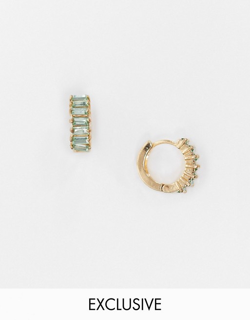 Reclaimed Vintage inspired gold plate huggie hoops with blue stone
