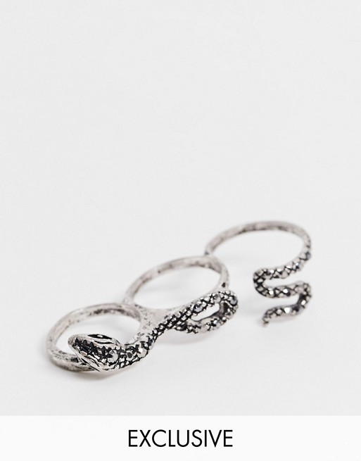 Reclaimed Vintage inspired 3 finger snake ring in silver