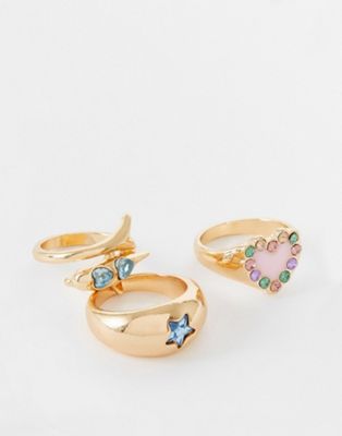 Reclaimed Vintage inspired 3 ring pack in gold with dolphin & heart