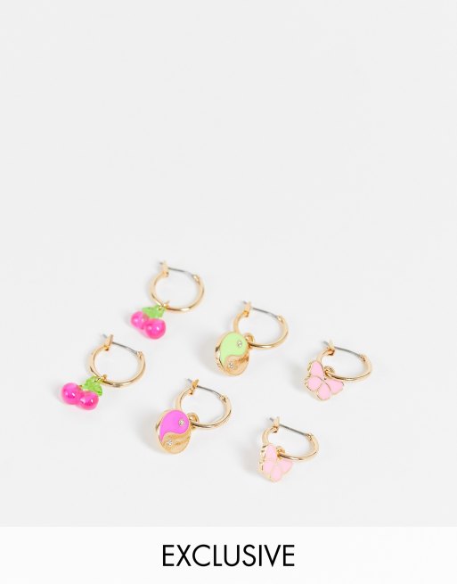 Reclaimed Vintage Inspired – 3er-Pack Ohrringe mit lustigen Kirschanhängern in Gold