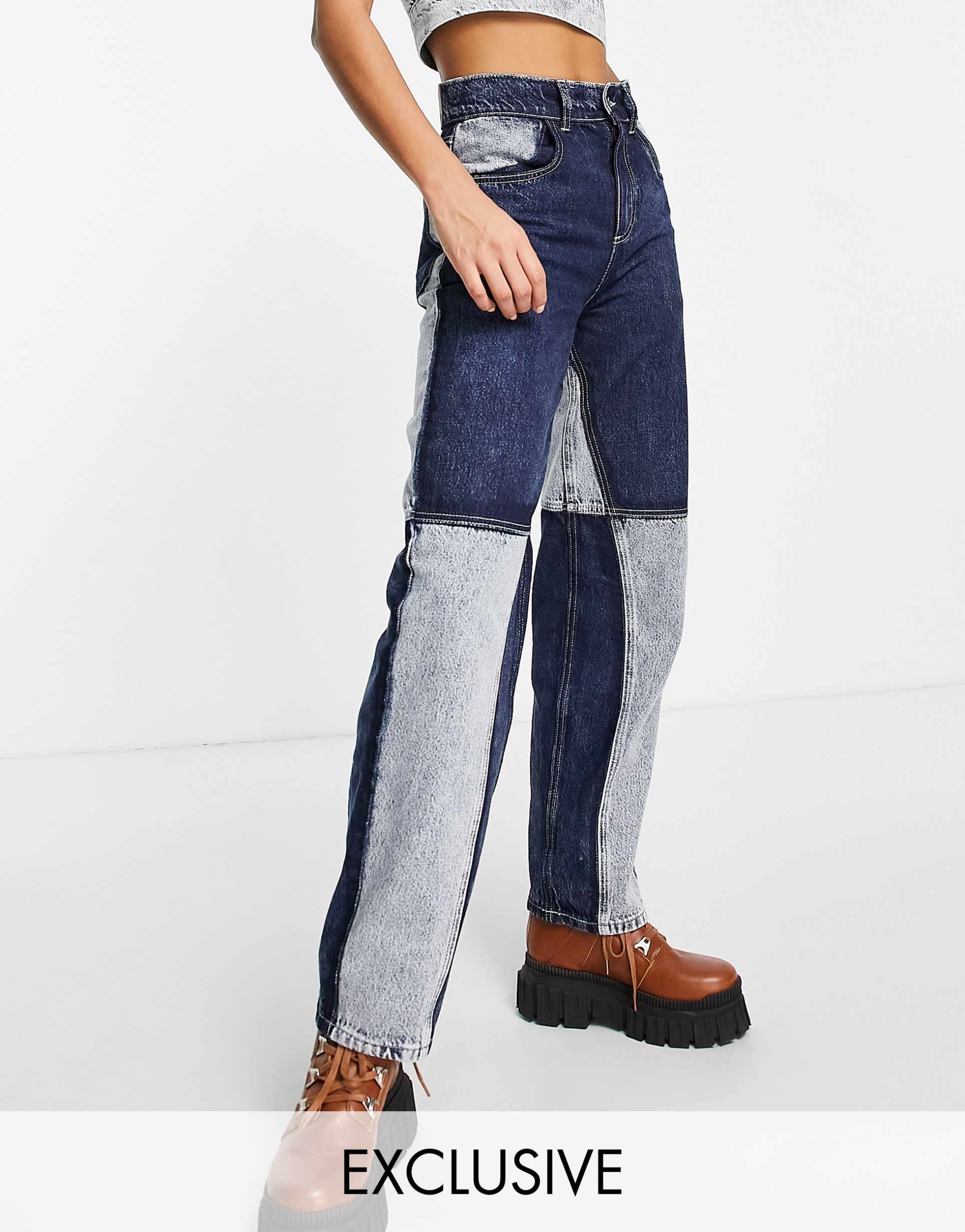 Reclaimed Vintage inspired 90's baggy utility jean in patchwork co-ord view 2