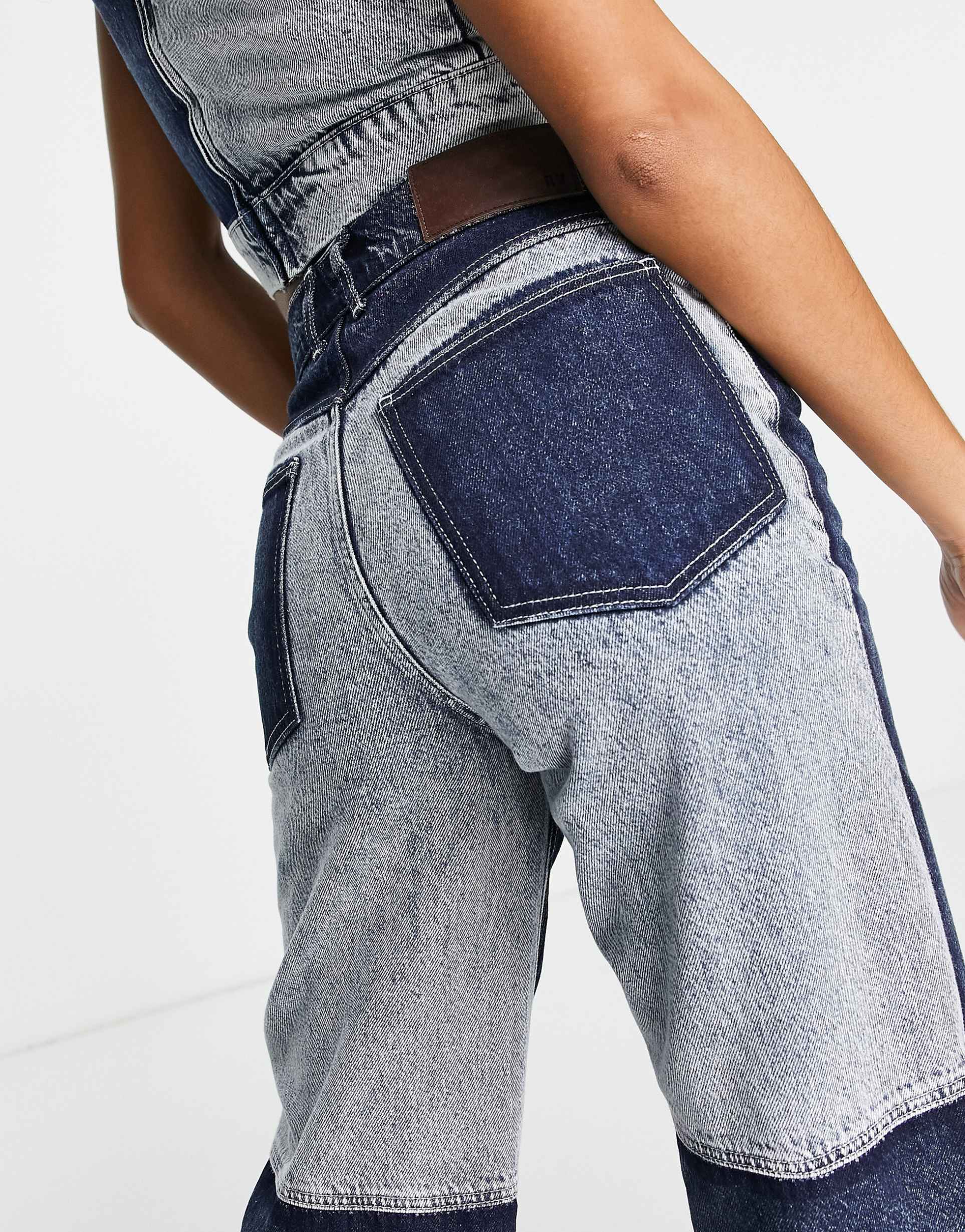 Reclaimed Vintage inspired 90's baggy utility jean in patchwork co-ord view 3