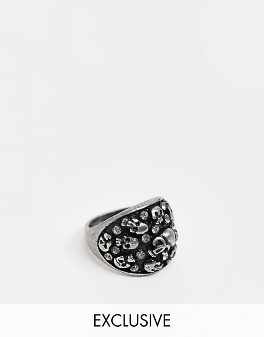 Reclaimed Vintage inspired all over skull ring with crystal detail in black exclusive to ASOS