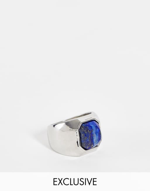 Reclaimed Vintage Inspired - Anello chevalier con pietra di lapislazzuli color argento