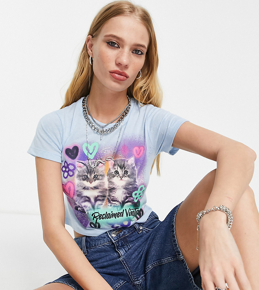 Reclaimed Vintage Inspired baby tee with kitten glitter print in blue