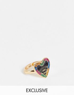 Reclaimed Vintage Inspired - Bague avec coeur en émail et pierres multicolores - Doré