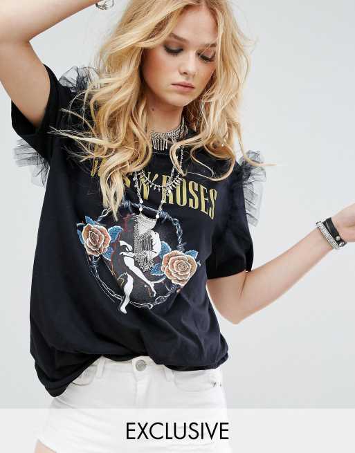 Reclaimed Vintage Inspired Band Guns n Roses Oversized T-Shirt With Organza  Sleeves