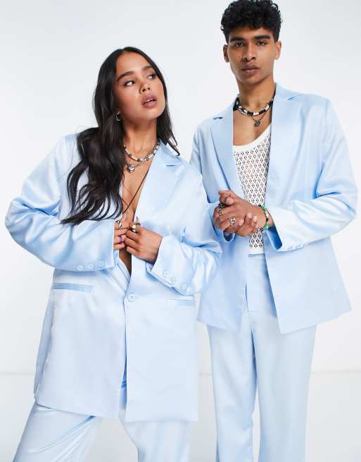 Reclaimed Vintage Inspired - Blazer unisex in raso azzurro chiaro