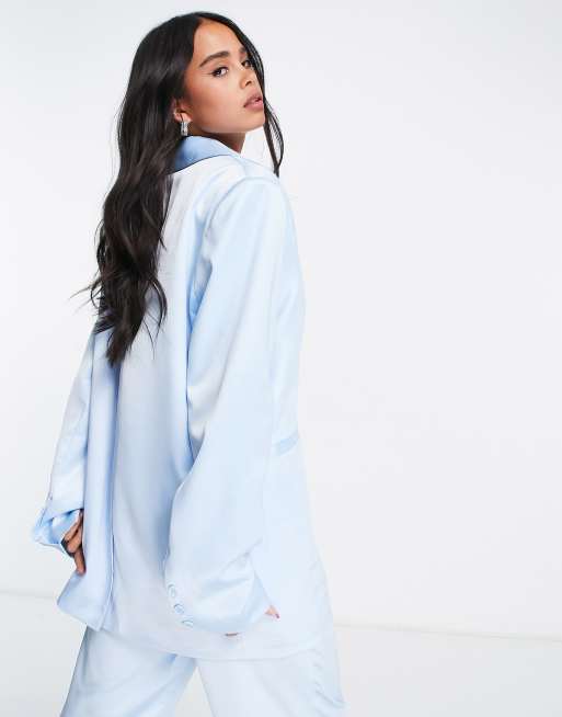Reclaimed Vintage Inspired - Blazer unisex in raso azzurro chiaro, 2 di 4