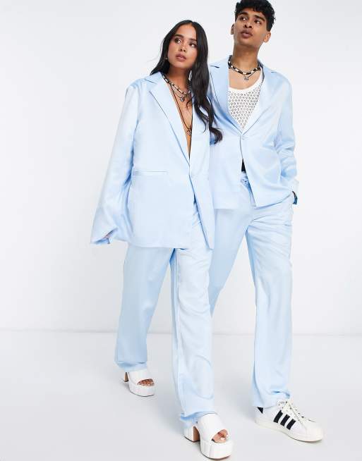 Reclaimed Vintage Inspired - Blazer unisex in raso azzurro chiaro, 4 di 4