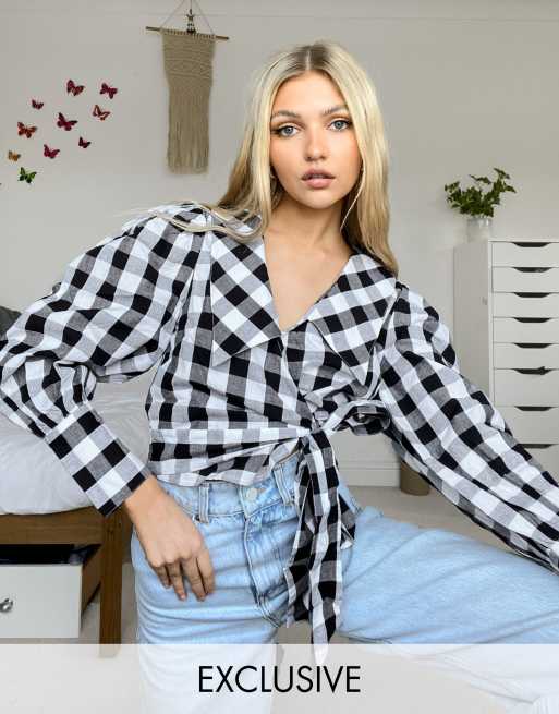 Reclaimed Vintage Inspired – Bluzka kopertowa z kołnierzem, bufiastymi rękawami i wzorem w kratę