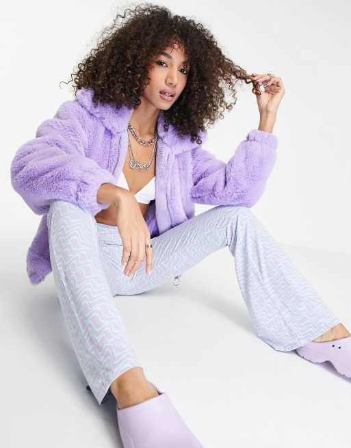 Reclaimed Vintage inspired bomber jacket in lilac faux fur
