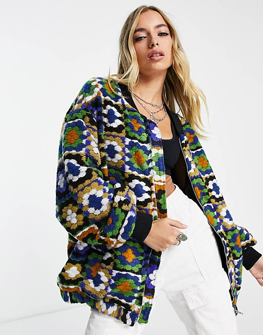 Reclaimed Vintage Inspired - Bomber jacquard all'uncinetto multicolore in pile borg