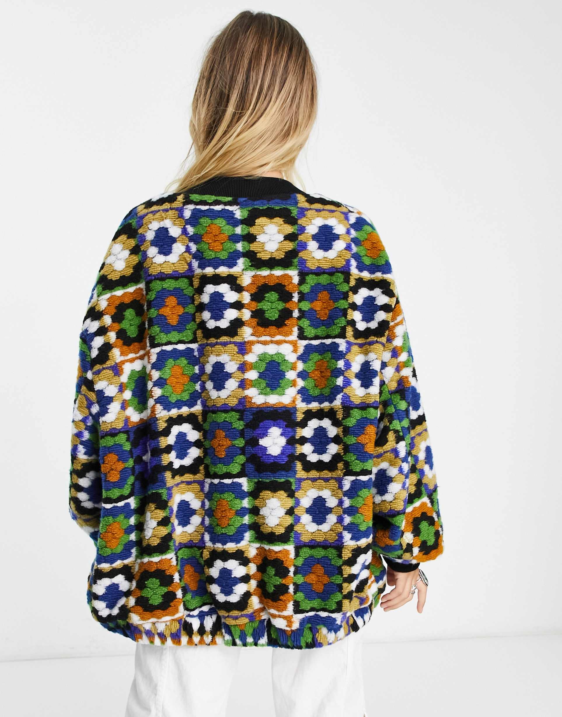 Reclaimed Vintage inspired borg crochet jacquard bomber in multi view 3