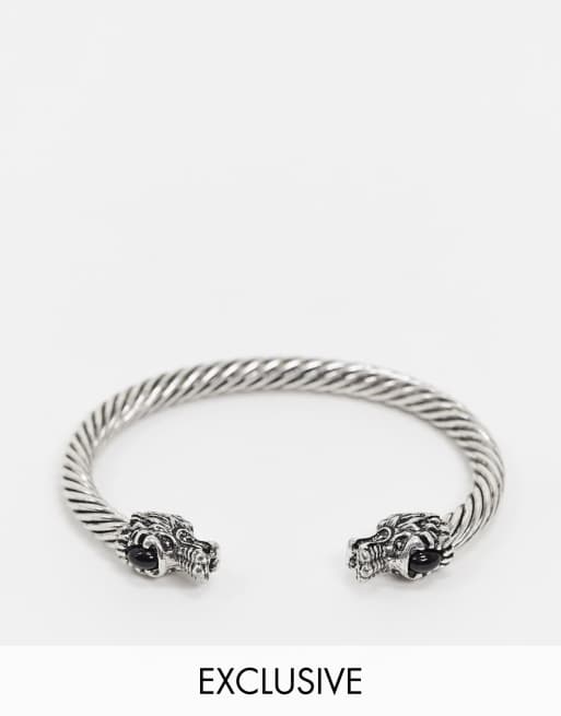 Reclaimed Vintage Inspired - Bracelet rigide à ornement tête de dragon - Argent poli