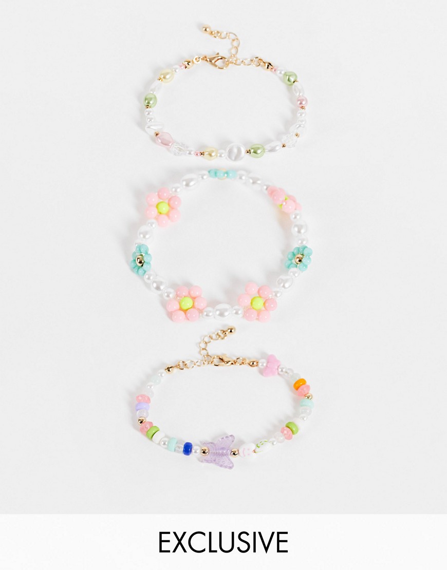Reclaimed Vintage Inspired bracelets in 90's flower beads 3 pack-Gold
