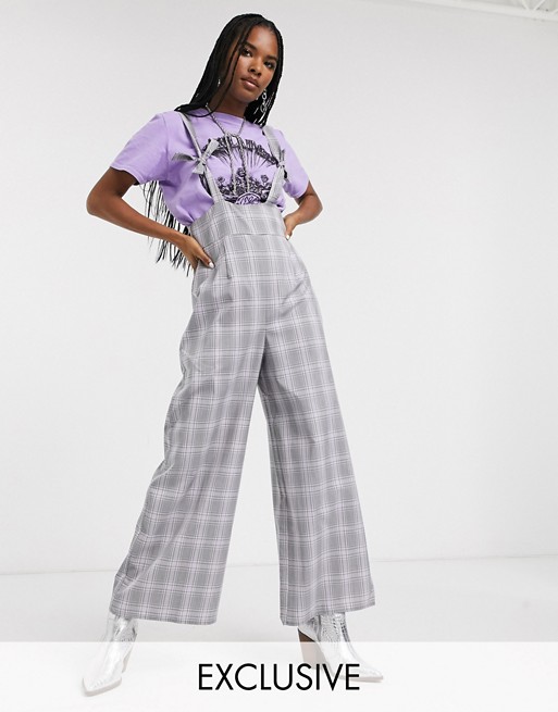 Reclaimed Vintage inspired braces jumpsuit with knot detail in lilac check
