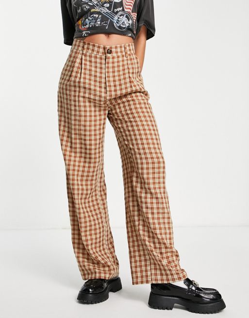 Vintage Plaid Jeans for Woman, Straight Wide Leg Pants Loose Printed Denim  Trousers with Zipper Pockets, Brown, Medium : : Clothing, Shoes &  Accessories