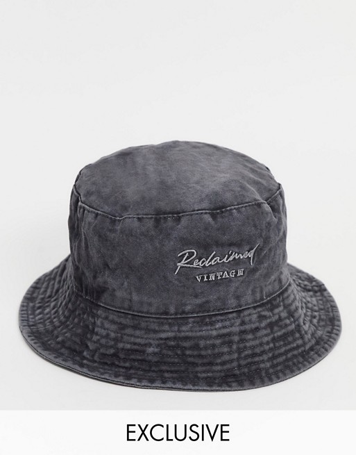 Reclaimed Vintage inspired bucket hat in washed charcoal with logo embroidery