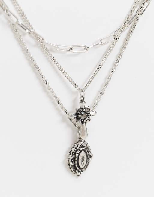 Reclaimed Vintage Inspired Burnished Silver Multi Strand Necklace With Cross Pendant Asos