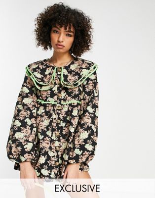 Reclaimed Vintage inspired button down statement collar mini smock dress in floral - ASOS Price Checker