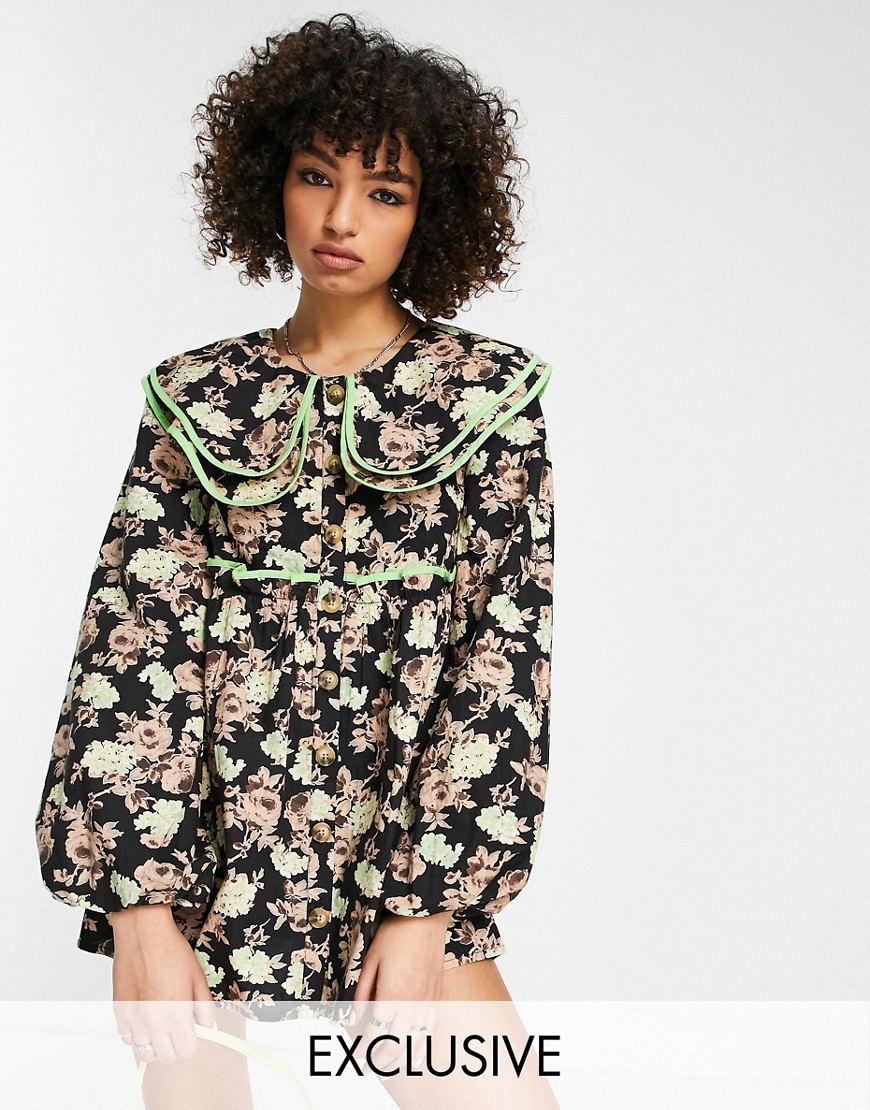 Reclaimed Vintage inspired button down statement collar mini smock dress in floral-Multi