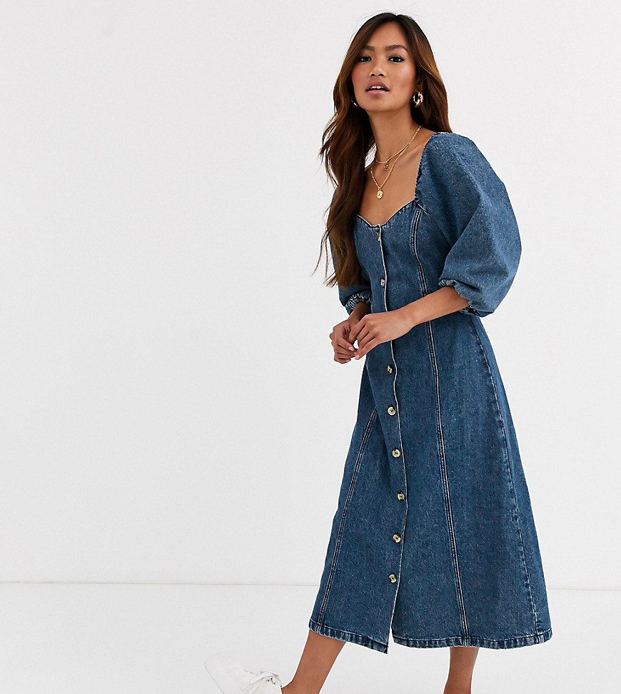 Reclaimed Vintage inspired button front midi dress with puff sleeve-Blue