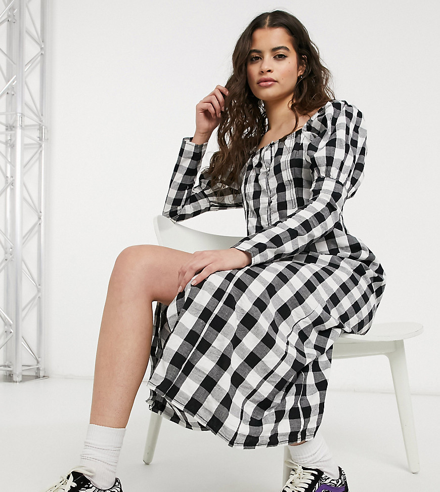 Reclaimed Vintage Inspired button front volume sleeve midi dress in check-Multi
