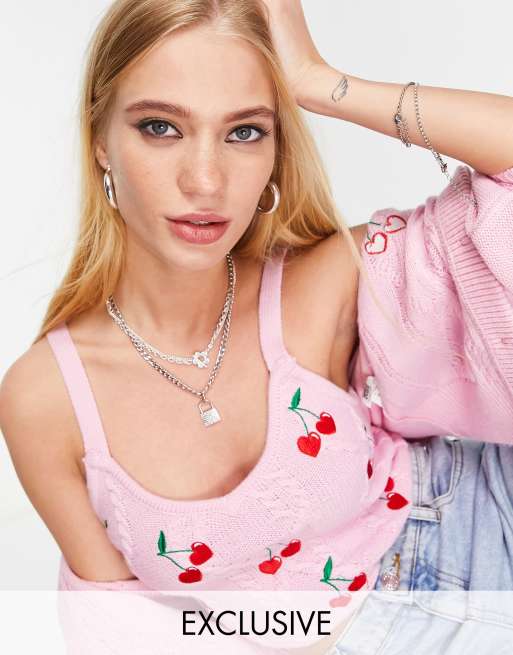Reclaimed Vintage Inspired cable cami with cherry embroidery in pink co-ord