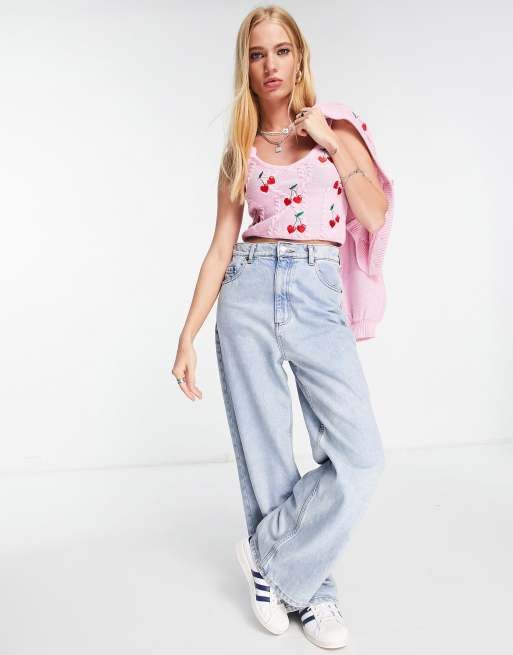 Reclaimed Vintage Inspired cable cami with cherry embroidery in pink set, 4 of 4