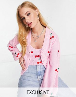 Reclaimed Vintage Inspired cable cardigan with cherry embroidery in pink co-ord - ASOS Price Checker