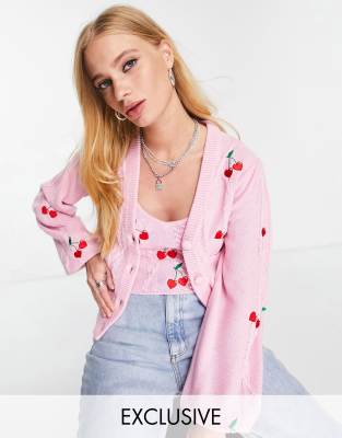 Reclaimed Vintage Inspired cable cardigan with cherry embroidery in pink co-ord - ASOS Price Checker