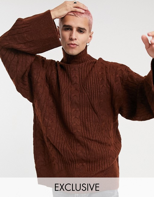 Reclaimed Vintage inspired cable high neck jumper in brown