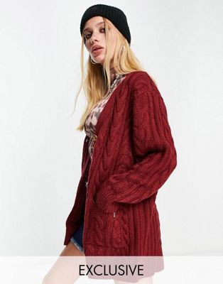 Reclaimed Vintage inspired cable knit cardigan in burgundy