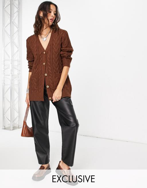 Reclaimed Vintage inspired cable knit cardigan in chocolate