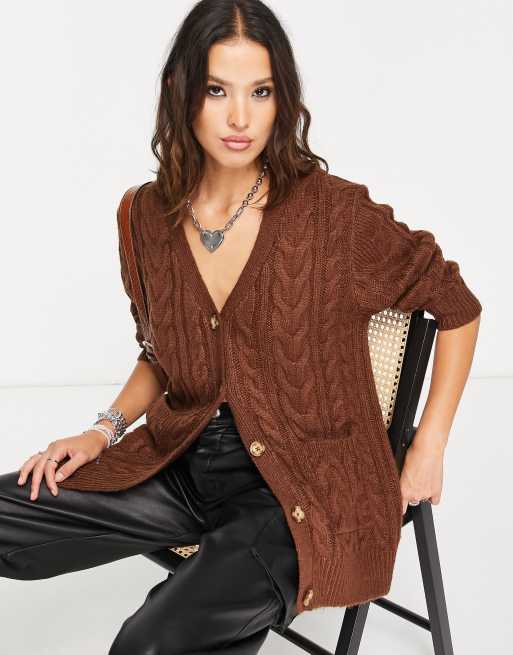 Reclaimed Vintage Inspired cable knit cardigan in chocolate, 3 of 4