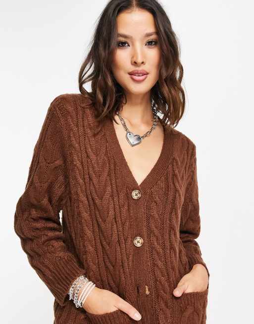 Reclaimed Vintage Inspired cable knit cardigan in chocolate, 4 of 4