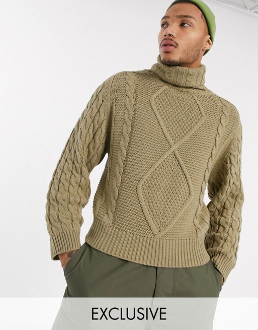 Reclaimed Vintage inspired cable knit roll neck jumper in camel