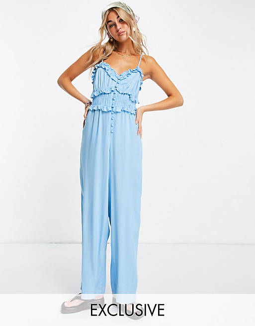 Reclaimed Vintage inspired cami jumpsuit with button front in blue