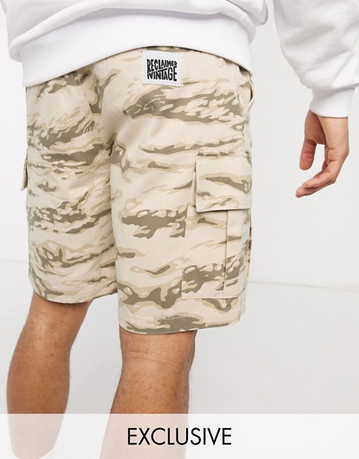 Reclaimed Vintage inspired cargo shorts in camo print