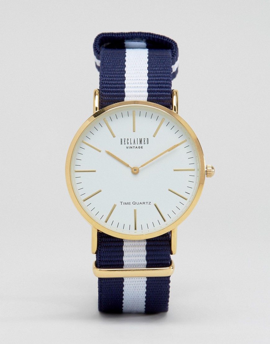 Reclaimed Vintage Inspired - Canvas horloge met marineblauwe streepjes en witte wijzerplaat, exclusief voor ASOS
